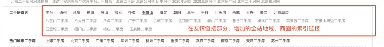 某网站针对全站地域属性的网页增加了索引形态的链接策略示例图