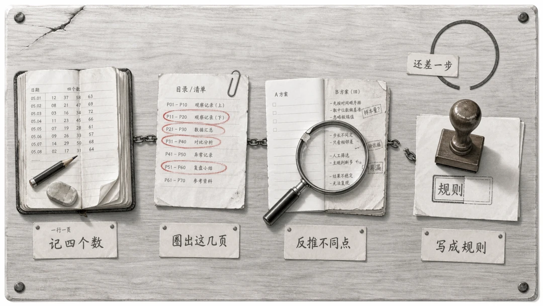 闭环的四个动作:记四个数、圈出几页、反推不同点、写成规则